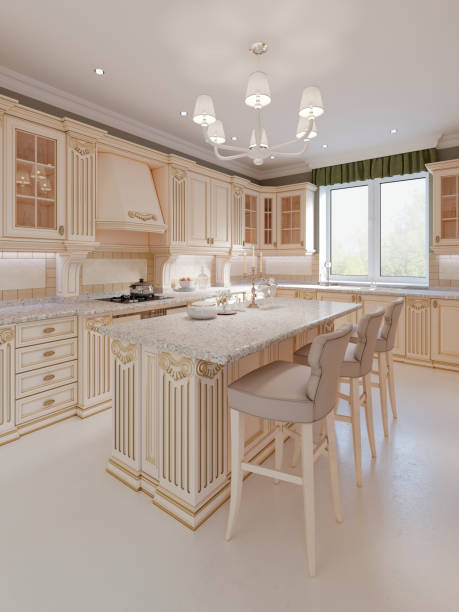 istock Kitchen island in a luxurious classic style kitchen. 1087341878