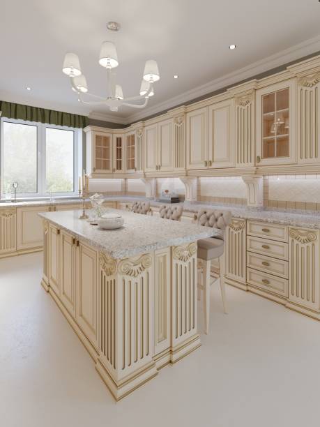 istock Kitchen island in a luxurious classic style kitchen. 1087343248