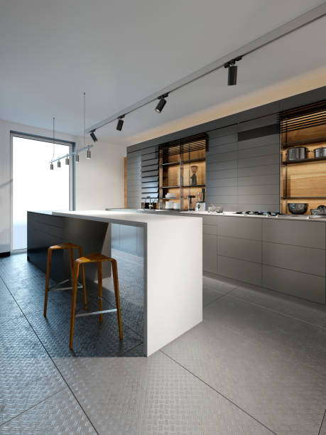 istock Black furniture kitchen with chairs in loft style cold kitchen. 1087344716