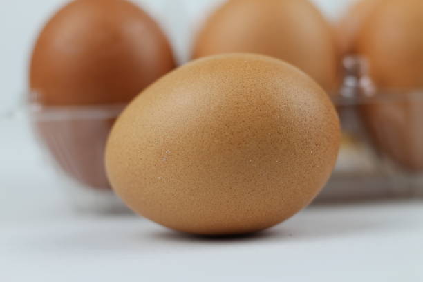 istock Close-up view of raw chicken eggs in egg box on white white background 1087350836