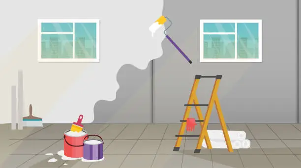 Vector illustration of Interior with painting and wall upkeep tools