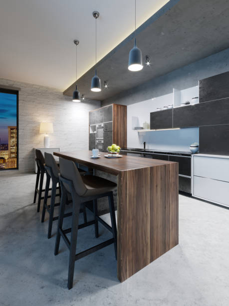 istock Bar counter with chairs and a kitchen island in a modern kitchen, evening lighting. 1087355450