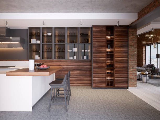 istock Modern design kitchen interior in contemporary style with technological furniture and kitchen appliances. 1087357064