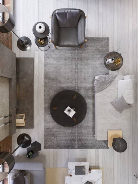 istock Vintage loft living room with modern fireplace, modern interior design, top view, plan 1087357802