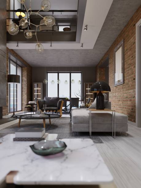 istock Storied loft two-level apartment with couch, dining table and library, open space, panorama. 1087359872