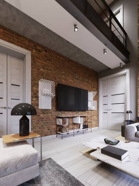 istock Modern living room interior, tv mounted on brick wall with black screen. 1087360220