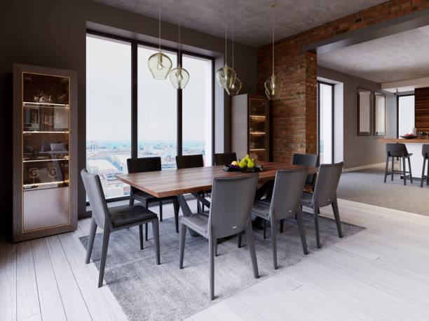 istock Cozy loft with dining table, chairs and storage racks. 1087361592