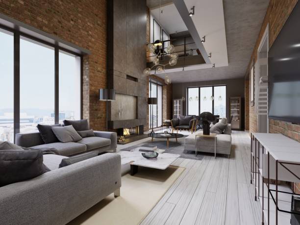 istock Modern loft living room with high ceiling, sofa, red brick wall, white parquet, upholstery sofa and furniture, design accessories, dining table with chairs. 1087361824