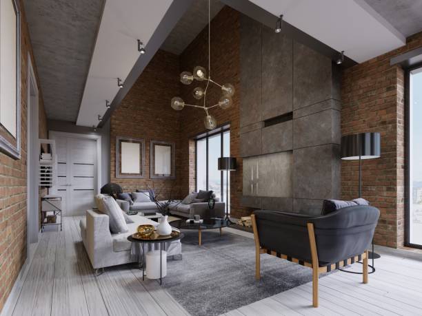 istock Studio flat with brick wall and fireplace and modern furniture. 1087362936