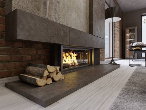 3d illustration. Modern glass corner fireplace in the interior in the style of minimalism or loft. Heating technology