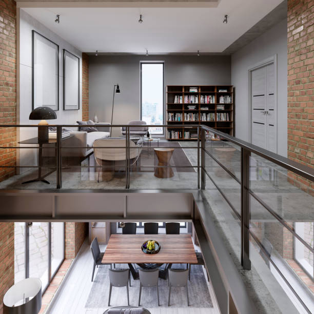 istock Storied loft two-level apartment with couch, dining table and library, open space, panorama. 1087364770