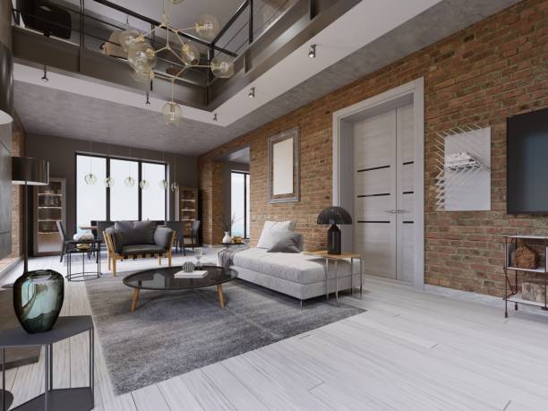 istock Modern living room with dining area and dining table in a loft-style apartment. 1087366086