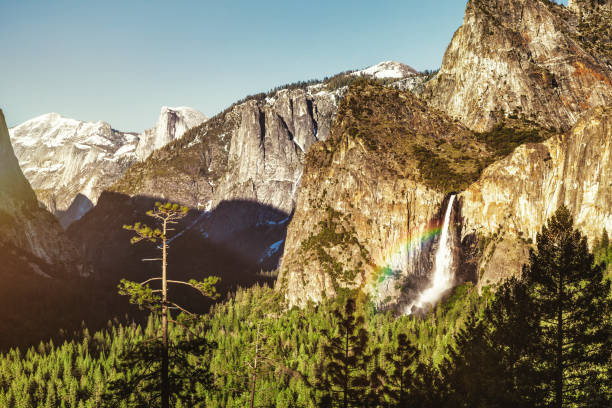 Horsetail Fall with rainbow in Yosemite National Park at sunset