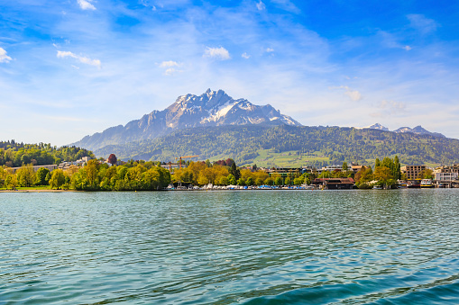 Lucerne lakefront view with Pilatus snow-capped mountain behind