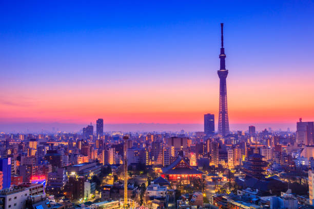 the sun rises over the city of tokyo in the morning. japan - tokyo prefecture city skyline night imagens e fotografias de stock