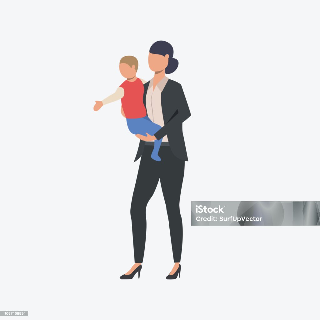 Businesswoman with little child Businesswoman with little child. Single parent, working mother, childcare. Can be used for topics like family, career, motherhood Working stock vector