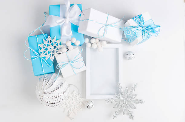 istock Christmas card with beautiful blue and white decorations 1087428950
