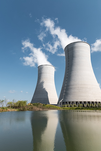 closeup of the cooling towers in an electric power plant