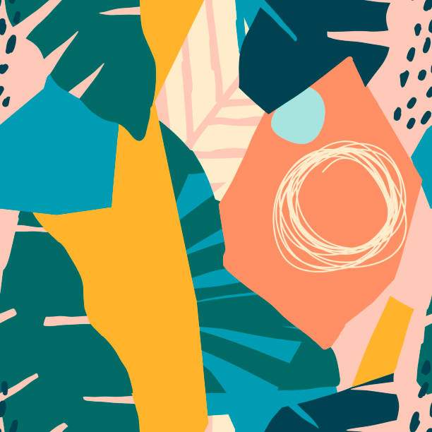 ilustraciones, imágenes clip art, dibujos animados e iconos de stock de contemporáneo de patrones sin fisuras hawaiano con flores collage. ilustración de frutas y plantas de jungla exótica moderna en vector. - flower shape abstract contemporary