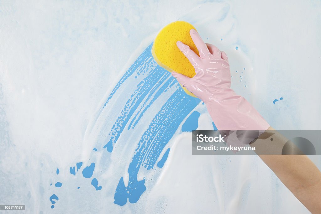 Window cleaner Window cleaning detergent and sponge Cleaning Stock Photo