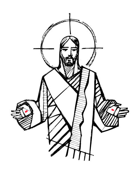 Jesus Christ with open hands illustration Hand drawn vector illustration or drawing of Jesus Christ with open hands jesus christ illustrations stock illustrations