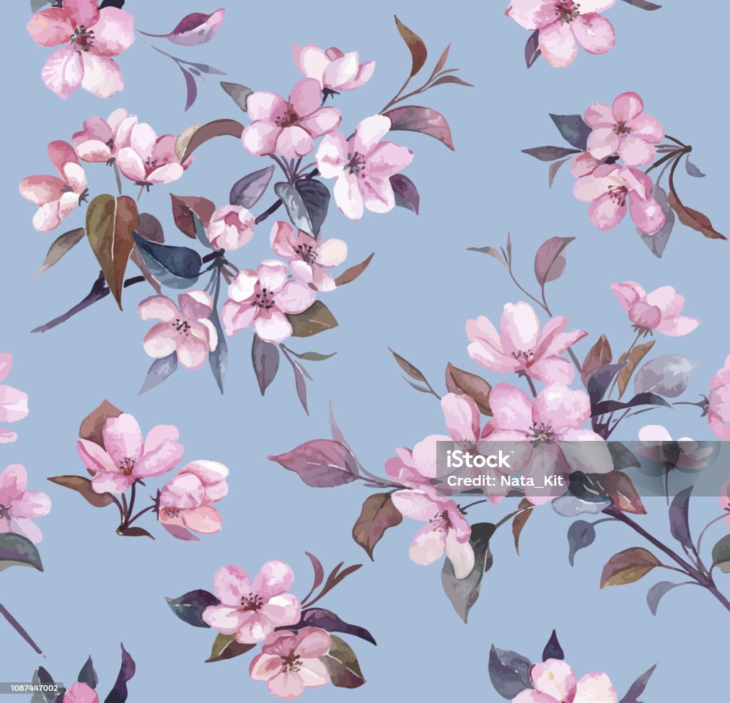 spring blossom on blue Floral seamless pattern Cherry Blossom stock vector