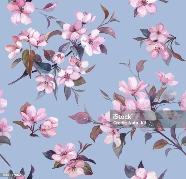 Spring Blossom On Blue Stock Illustration - Download Image Now - Cherry Blossom, Pattern, Flower