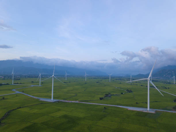istock Wind turbine farm, windmill on a summer sky 1087450440