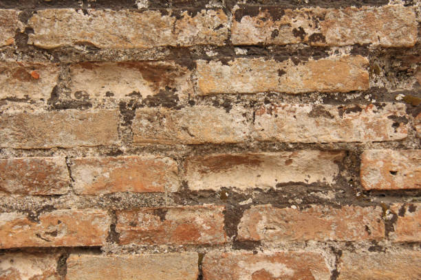 istock Old Wall of Red Bricks and White Brayed and Cracked Old Paint. Red, Terracotta and White Brick Background. Old Wall for Background, Design, Design and Template 1087450498