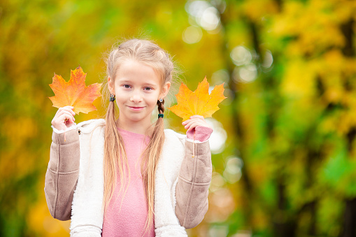 Portrait of adorable little girl outdoors at beautiful autumn day outdoors