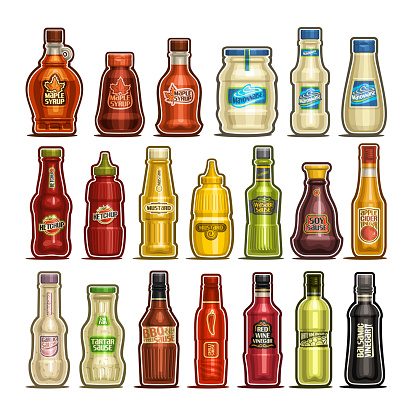 Vector set of isolated Bottles, 20 cut out outline containers with gourmet sauces product, healthy maple syrup, egg mayonnaise, delicious ketchup, dijon mustard, apple cider and white wine vinegar.
