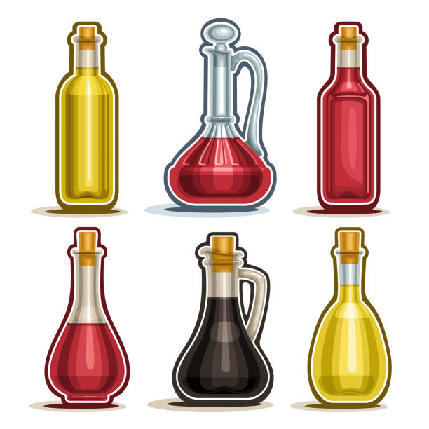 vektor-isolierte flaschen set - vinegar bottle balsamic vinegar cruet stock-grafiken, -clipart, -cartoons und -symbole