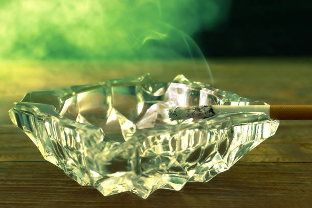 istock burning cigarette in a glass ashtray, color graded, copy, space 1087459644