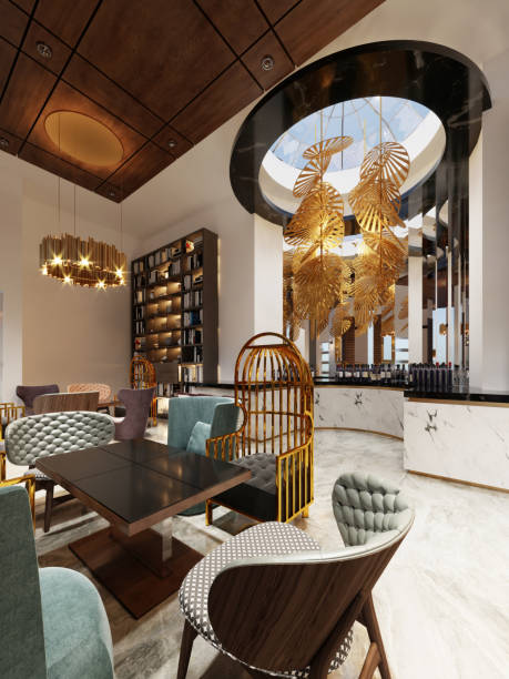 istock Modern bar restaurant in a trendy design with a library and a closet with books. 1087461680