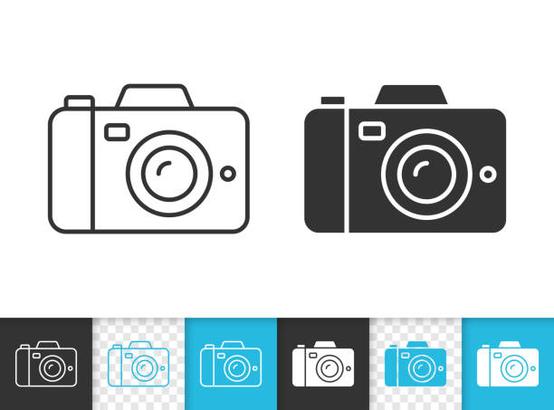 ilustraciones, imágenes clip art, dibujos animados e iconos de stock de icono de vector de simple línea negra cámara digital - cámara