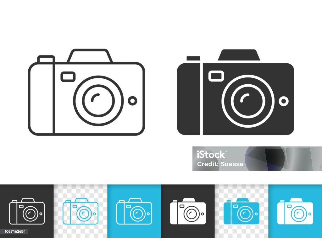 Digital Camera simple black line vector icon Digital camera black linear and silhouette icons. Thin line sign of photography. Photo outline pictogram isolated on white color transparent background. Vector Icon shape. Camera simple symbol closeup Camera - Photographic Equipment stock vector