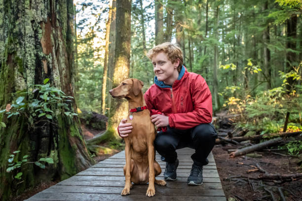 ragazzo adolescente rossa con cane vizsla appoggiato su forest boardwalk - teenager young men teenage boys portrait foto e immagini stock