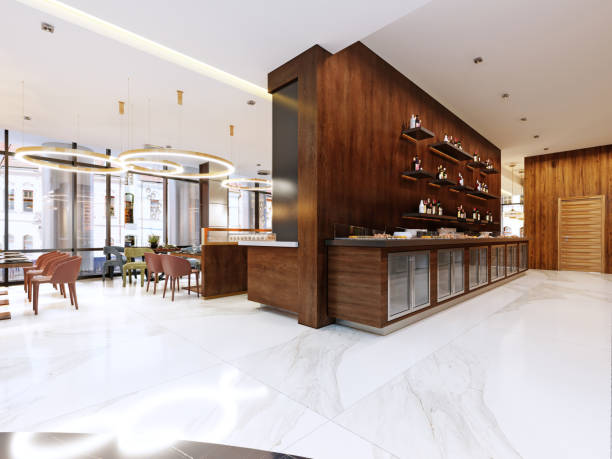 istock Buffet modern restaurant in contemporary style. cold cabinets and decorative shelves with bottles. Restaurant design. 1087465070