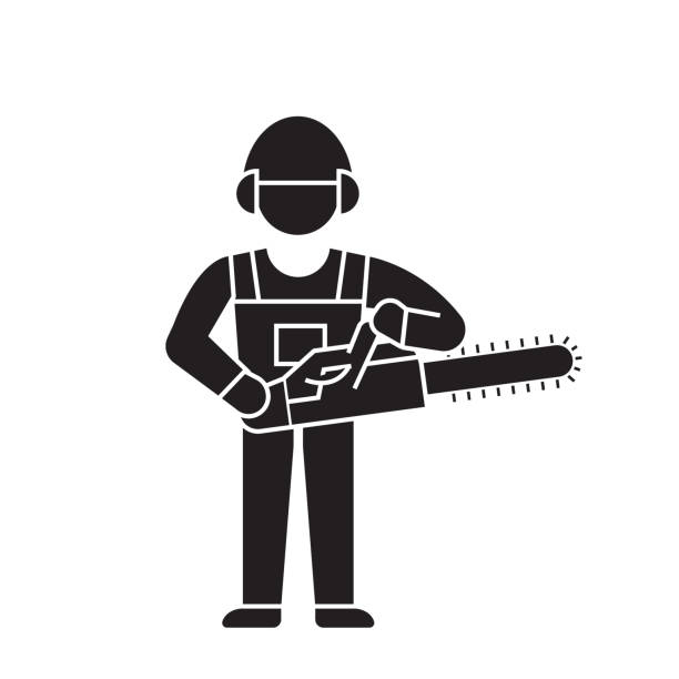 illustrations, cliparts, dessins animés et icônes de bûcheron avec icône de tronçonneuse vector noir concept. bûcheron avec une scie à chaîne plate illustration, signe - tronçonneuse