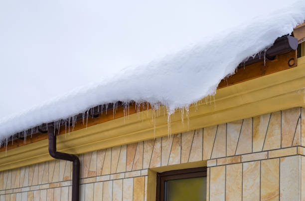 istock Snow and ice on the roof and rain gutter. 1087467376