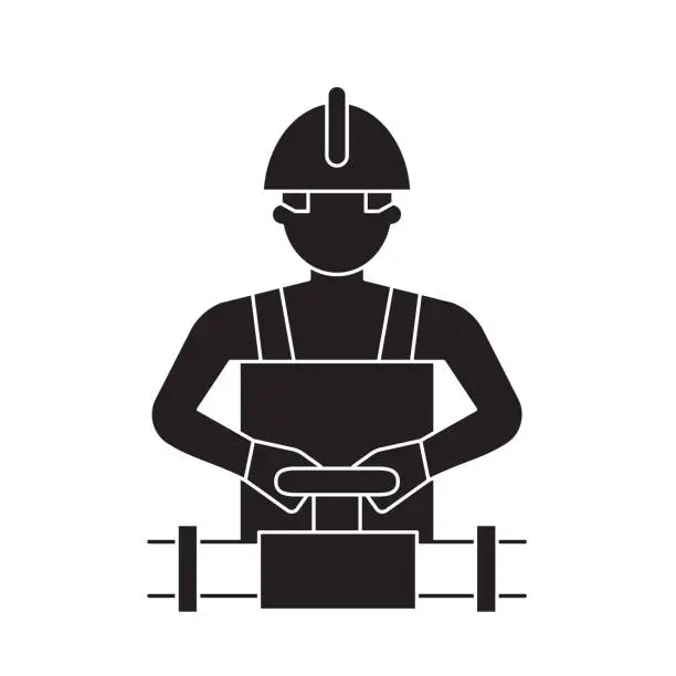 Vector illustration of Worker spinning the valve black vector concept icon. Worker spinning the valve flat illustration, sign