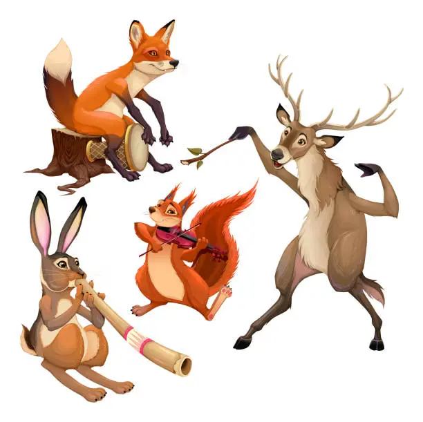 Vector illustration of Group of funny musician animals with conductor