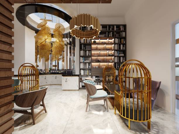 istock Modern bar restaurant in a trendy design with a library and a closet with books. 1087469704