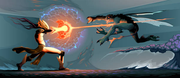 Battle between magician elf and reptilian monster vector art illustration