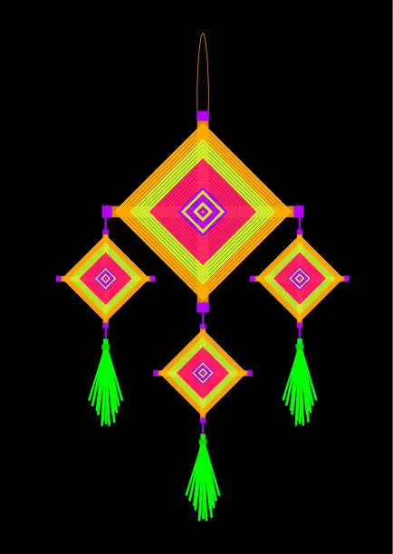 Vector illustration of Neon yellow pink orange green violet god's eyes hanging mobile on black background