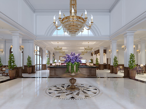 luxury entrance in classic hotel with a large bouquet of flowers and a large golden chandelier. 3d rendering