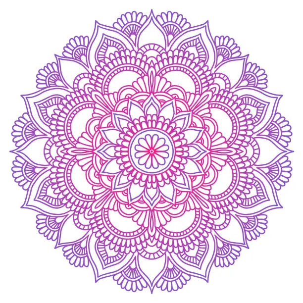 Vector illustration of Mandala. Ethnic round ornament. Hand drawn indian motif. Mehendi meditation yoga henna theme. Unique purple floral print.