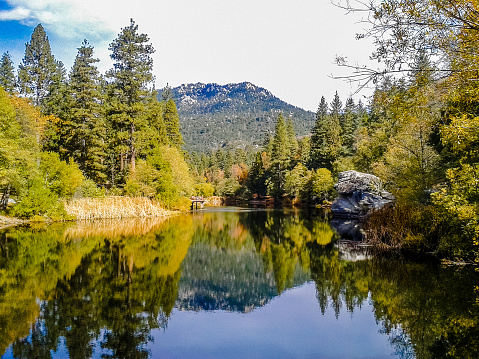 A photograph of Lake Fulmor in the San Bernardino National Forest located in the San Jacinto mountains in Southern California, near the town of Idyllwild. It is one of the favorite hiking and camping destinations in the San Jacinto mountain area.