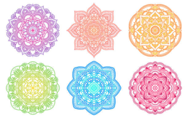 illustrazioni stock, clip art, cartoni animati e icone di tendenza di mandala colorato. ornamento etnico rotondo sfumato. motivo indiano disegnato a mano. tema henné yoga meditazione mehendi. stampa floreale unica - flower backgrounds paisley flourish