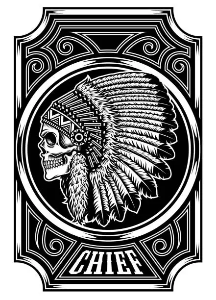 Vector illustration of Native American Indian Chief Skull in Black and White